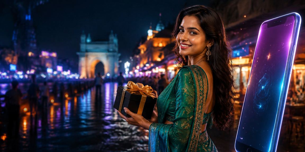 Smiling woman playing exciting slots on mobile in Mumbai